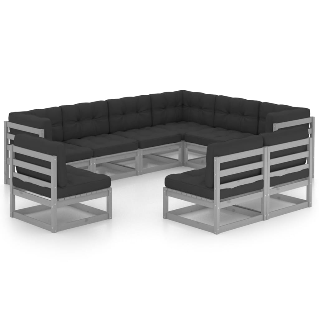 9-tlg. Garten-Lounge-Set mit Kissen Grau Kiefer Massivholz